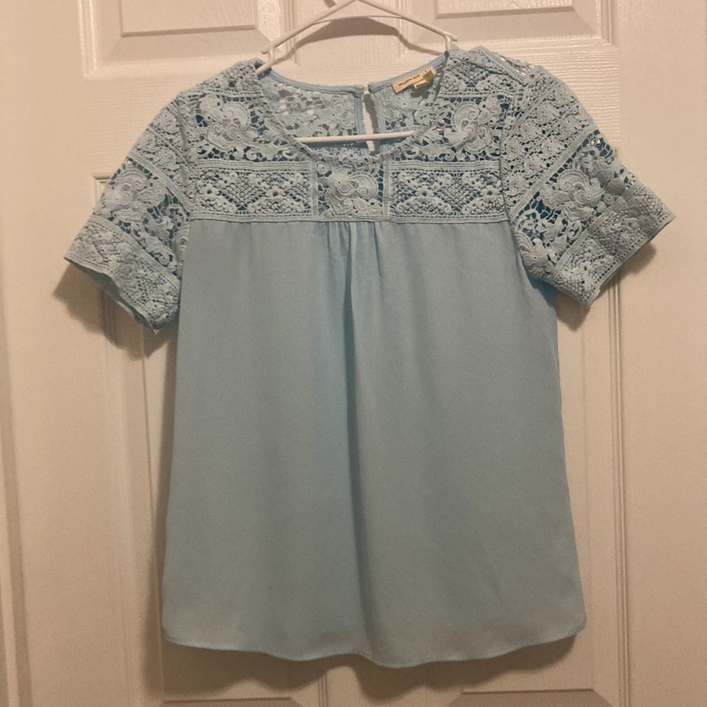 Anthropologie Meadow Rue blouse, light blue with embroidered top, size XS.
